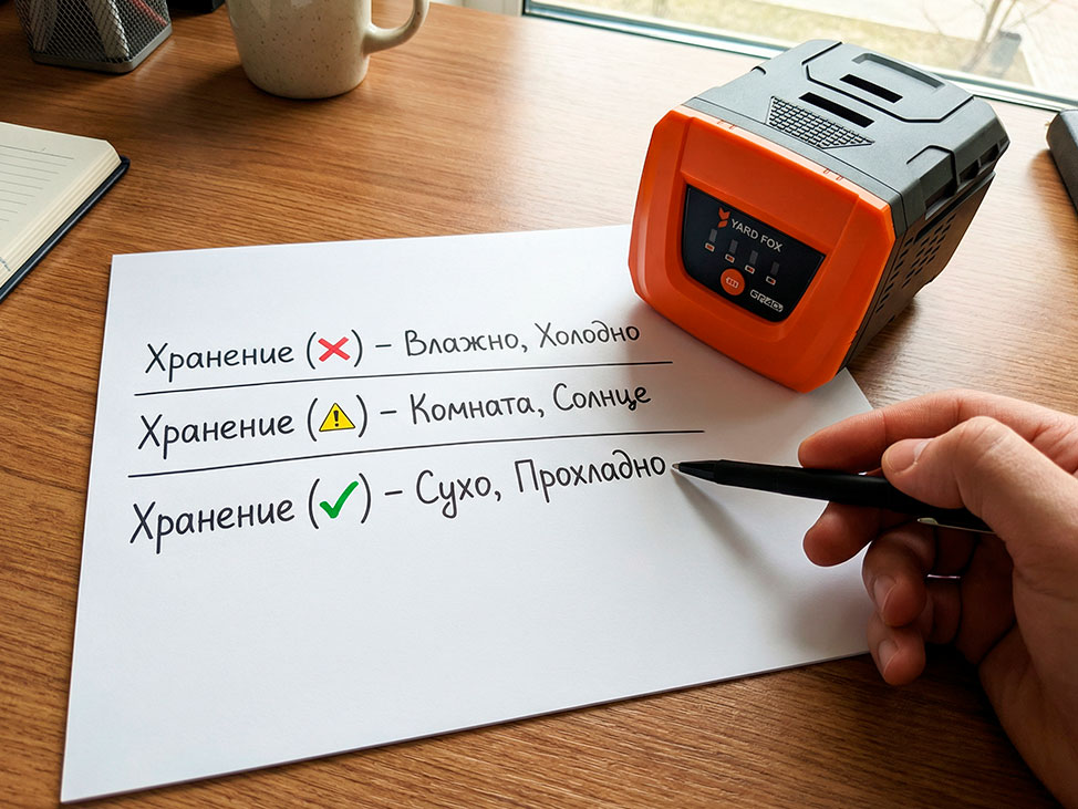 Таблица сравнения условий хранения аккумуляторов садовой техники